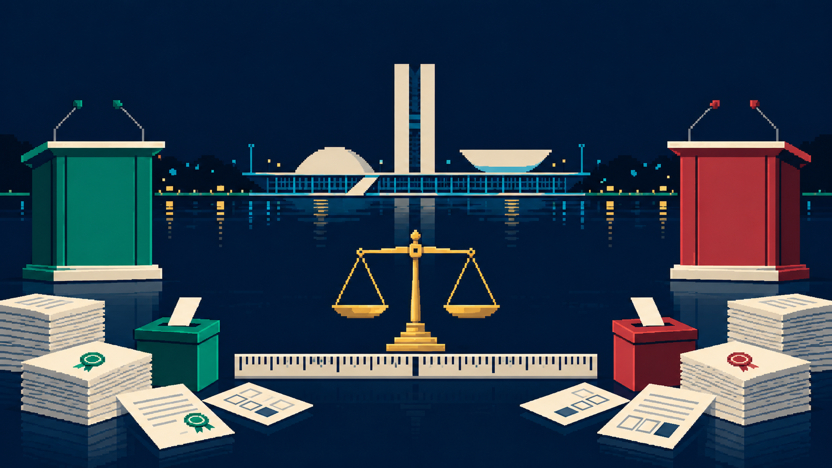 Ilustração em pixel art de dois púlpitos, documentos públicos, uma balança e o Congresso Nacional