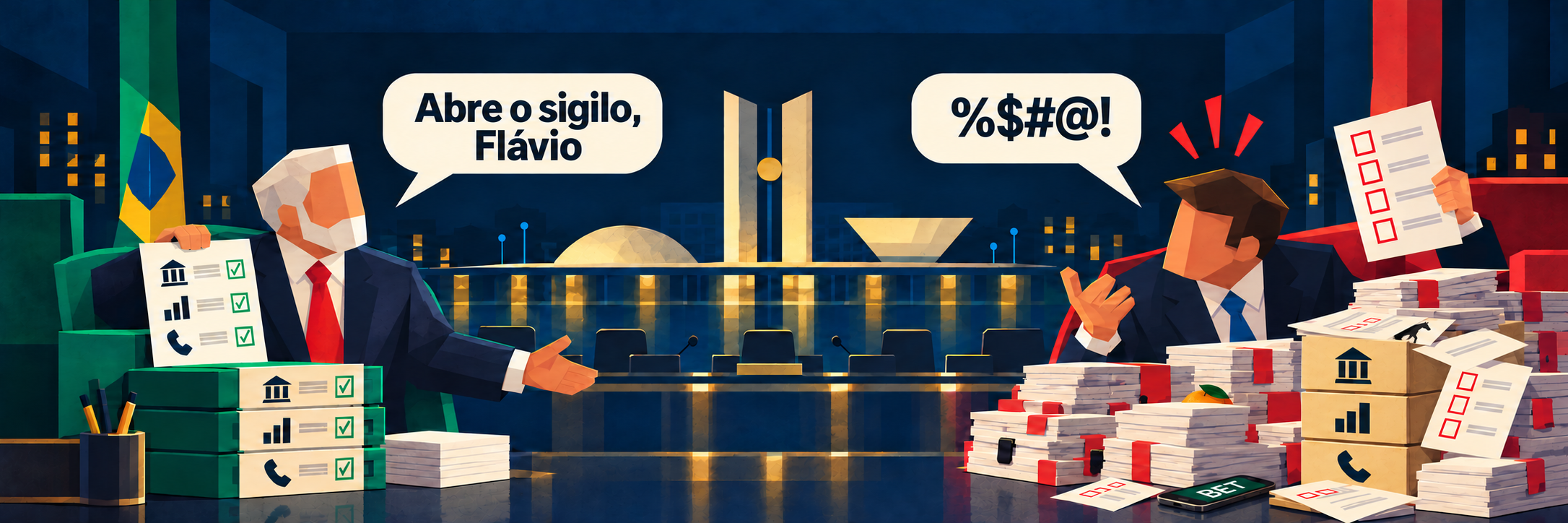 Ilustração editorial geométrica: Lula apresenta uma autorização e diz ‘Abre o sigilo, Flávio’, enquanto Flávio Bolsonaro, irritado, segura uma lista de exigências; entre os documentos próximos a ele aparecem discretamente uma laranja, um celular com a palavra BET e uma pequena marca de cavalo